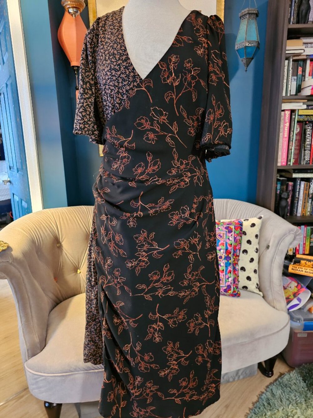 Rayon Floral Faux Wrap Dress in Brown, Black // Midi Dress // Workwear, Flutter